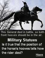 The story goes: one hoof in the air, wounded and died later, two hooves means died in battle, all hooves on the ground shows the soldier died later of natural causes.